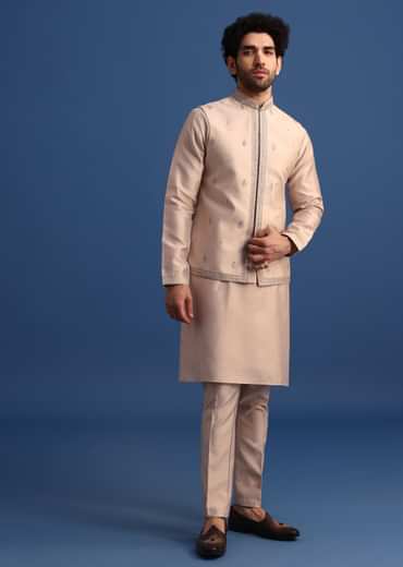 Beige Kurta Jacket Set With Thread Work For Men