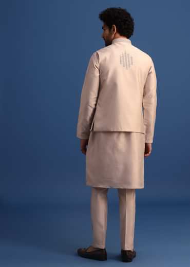 Beige Kurta Jacket Set With Thread Work For Men