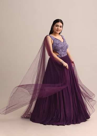Purple Embroidered V Neck Gown With Side Cut
