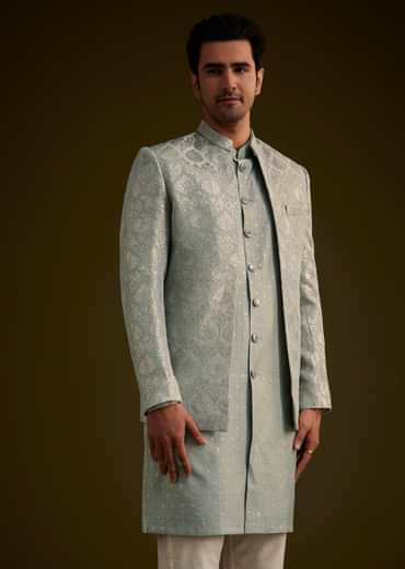 Grey Silk Jodhpuri Suit Featuring Foil Print
