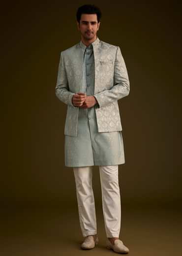 Grey Silk Jodhpuri Suit Featuring Foil Print