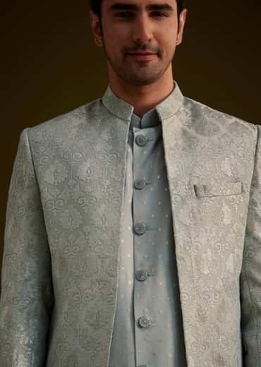 Grey Silk Jodhpuri Suit Featuring Foil Print