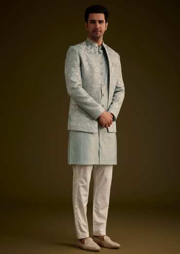 Grey Silk Jodhpuri Suit Featuring Foil Print