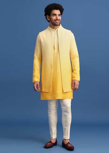 Yellow Ombre Silk Kurta Jacket Set With Zardozi Work
