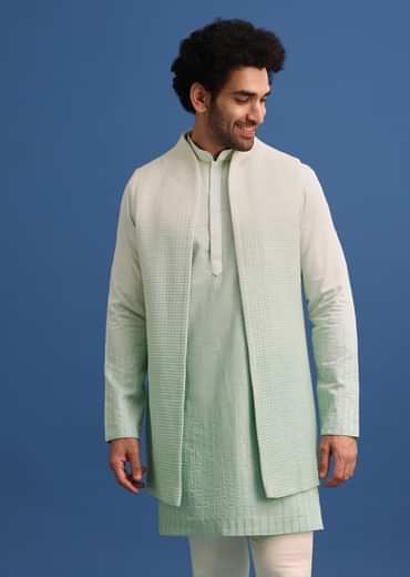 Green Silk Ombre Zardosi Kurta Jacket Set