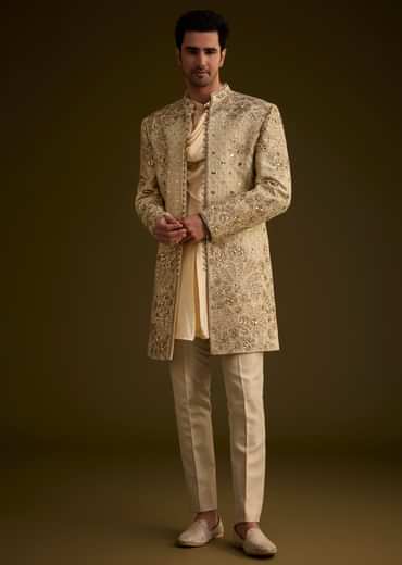 Light Gold Silk Open Sherwani Set With Zardosi Handwork