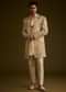 Light Gold Silk Open Sherwani Set With Zardosi Handwork