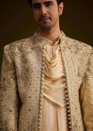 Light Gold Silk Open Sherwani Set With Zardosi Handwork