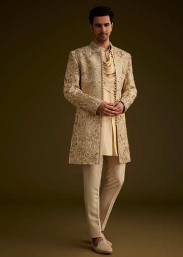 Light Gold Silk Open Sherwani Set With Zardosi Handwork