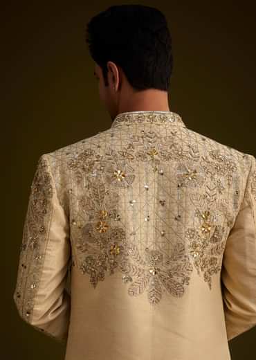Light Gold Silk Open Sherwani Set With Zardosi Handwork