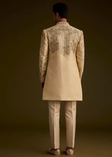 Light Gold Silk Open Sherwani Set With Zardosi Handwork
