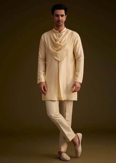 Light Gold Silk Open Sherwani Set With Zardosi Handwork