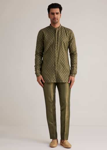 Olive Green Silk Indowestern Suit With Mirror Work