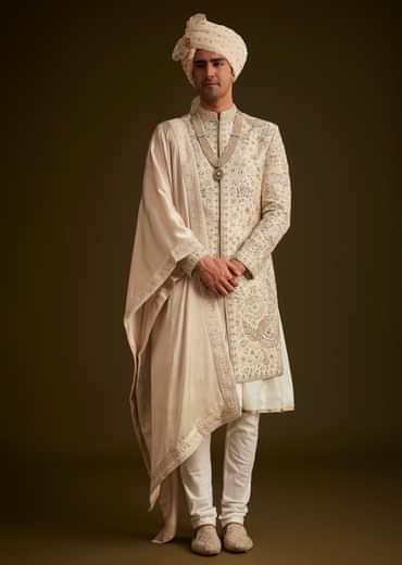 Beige Zardozi Embroidered Sherwani With Matching Dupatta