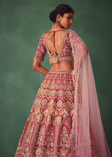 Raw Silk Red Bridal Embroidered Lehenga Set