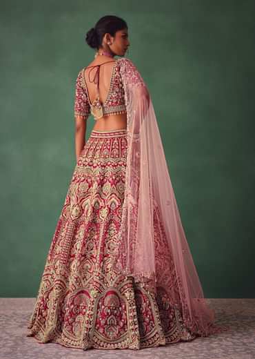 Raw Silk Red Bridal Embroidered Lehenga Set