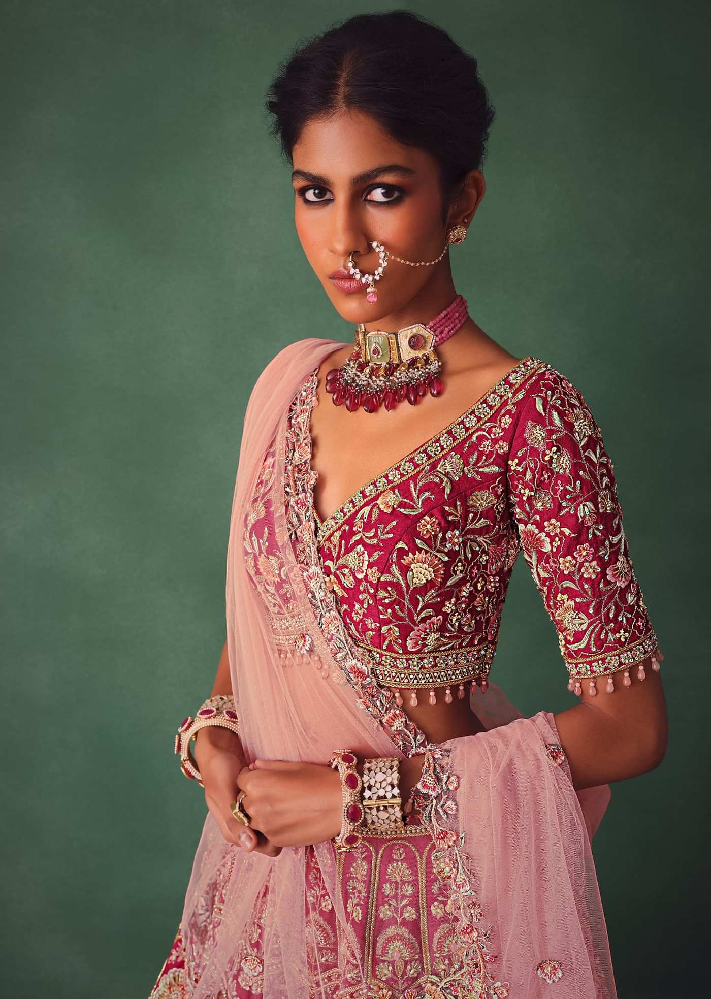 Raw Silk Red Bridal Embroidered Lehenga Set