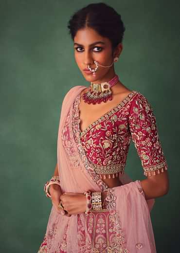 Raw Silk Red Bridal Embroidered Lehenga Set