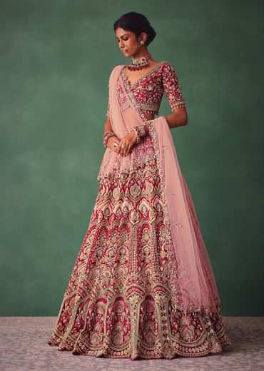 Raw Silk Red Bridal Embroidered Lehenga Set