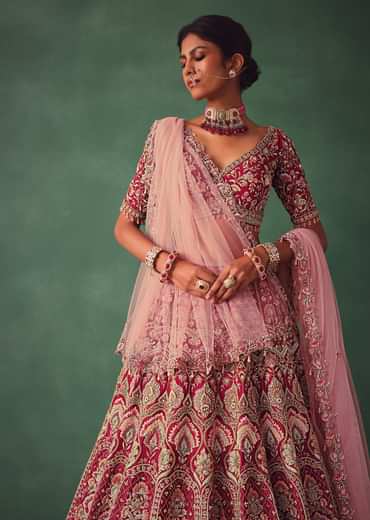 Raw Silk Red Bridal Embroidered Lehenga Set