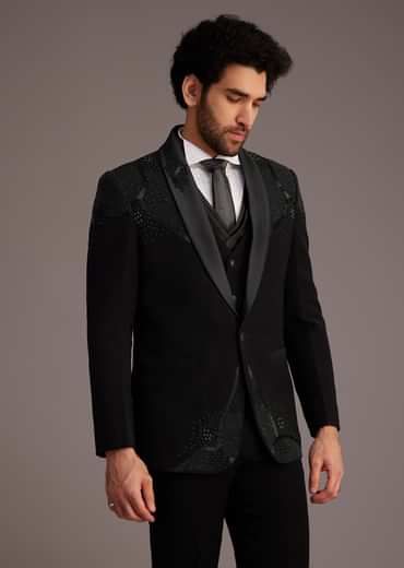 Black Tuxedo With Beaded Shoulder Detailing And Satin Lapel
