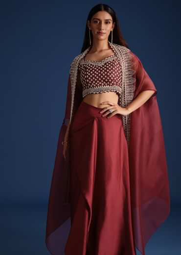 Red Cutdana Work Jacket With Draped Skirt And Crop Top