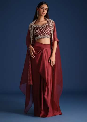 Red Cutdana Work Jacket With Draped Skirt And Crop Top