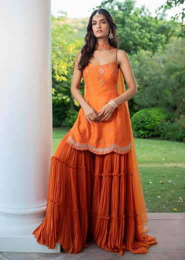 Orange Raw Silk Hand Work Kurti Sharara With Choker Dupatta