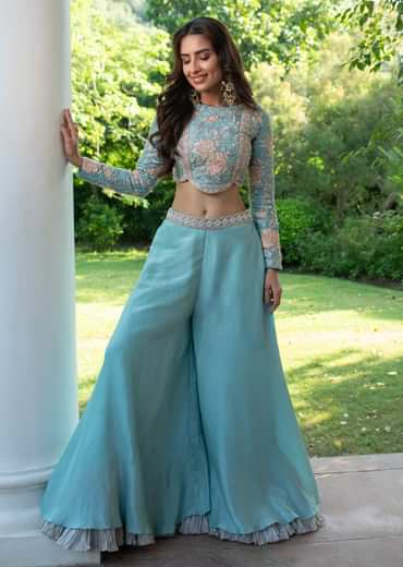 Turquoise Blue Raw Silk Hand Work Palazzo Suit