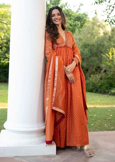 Warm Rust Orange Brocade Cutdana Beaded Anarkali Suit