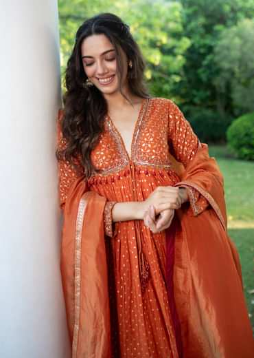 Warm Rust Orange Brocade Cutdana Beaded Anarkali Suit