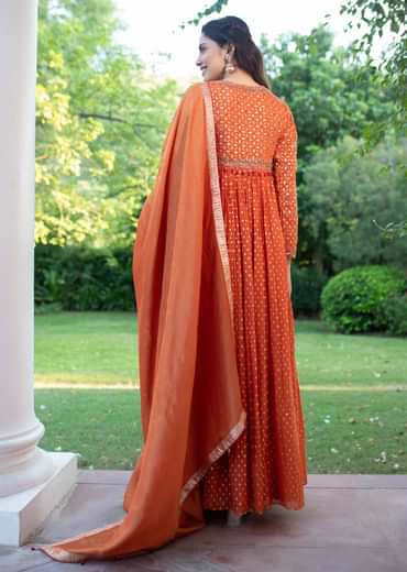 Warm Rust Orange Brocade Cutdana Beaded Anarkali Suit