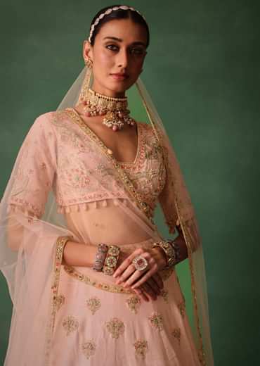 Blush Pink Raw Silk Zardosi Embroidered Bridal Lehenga Set