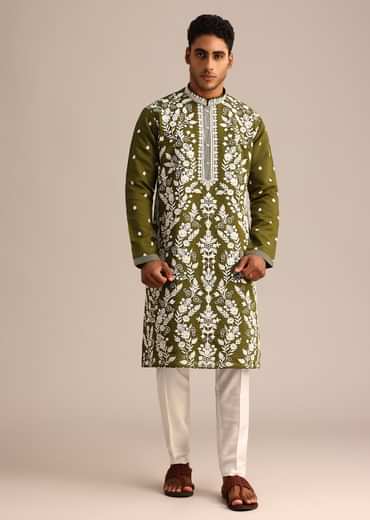 Mehendi Green Kurta Set With Floral Resham Embroidery
