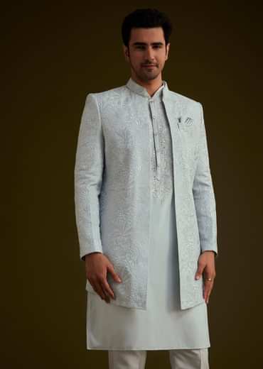 Ice Blue Silk Sherwani Set With Floral Resham And Mirror Work