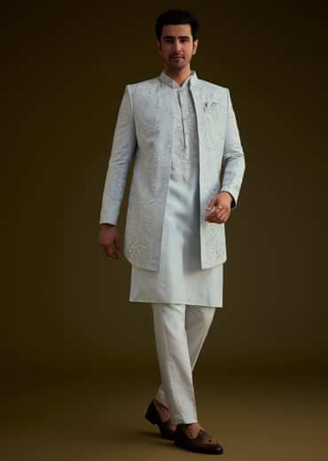 Ice Blue Silk Sherwani Set With Floral Resham And Mirror Work