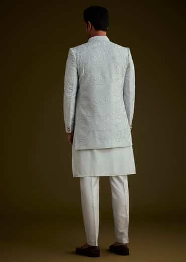 Ice Blue Silk Sherwani Set With Floral Resham And Mirror Work