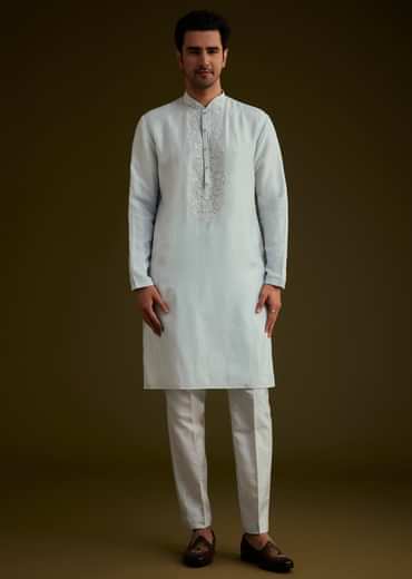 Ice Blue Silk Sherwani Set With Floral Resham And Mirror Work