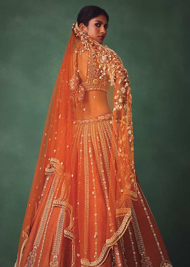 Rust Raw Silk Bridal Lehenga With Buti Work Dupatta