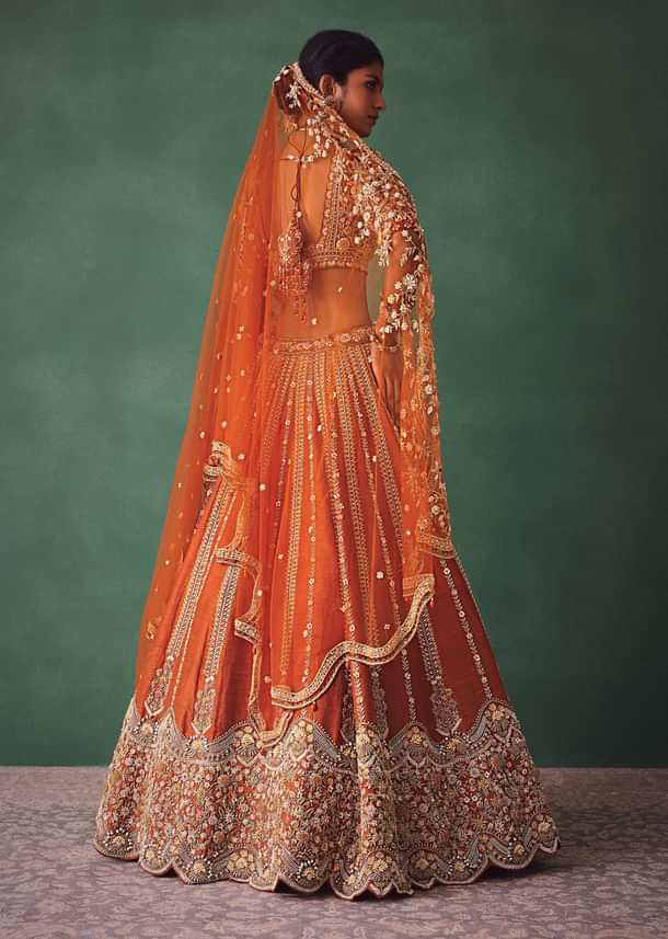 Rust Raw Silk Bridal Lehenga With Buti Work Dupatta