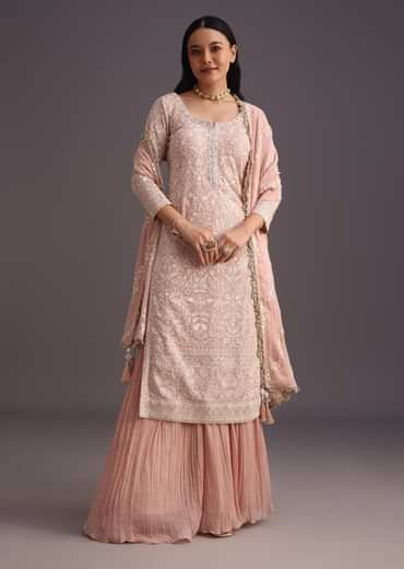Peach Lucknowi Work Kurta Set With Flared Palazzo And Resham Dupatta