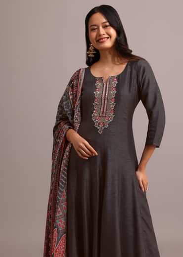 Black Embroidered Kurti Set With Modal Silk Ajrakh Printed Dupatta