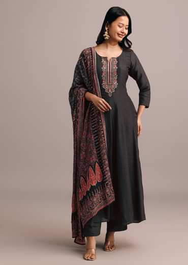 Black Embroidered Kurti Set With Modal Silk Ajrakh Printed Dupatta