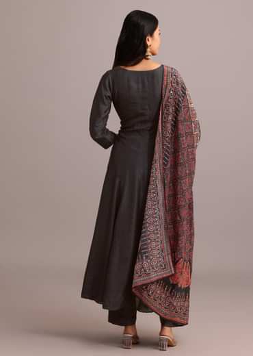 Black Embroidered Kurti Set With Modal Silk Ajrakh Printed Dupatta