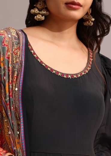 Black Embroidered Anarkali With Printed Dupatta