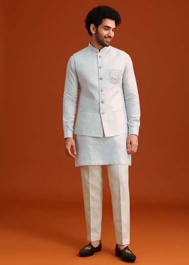 Sky Blue Linen Kurta Jacket Set With Resham Work