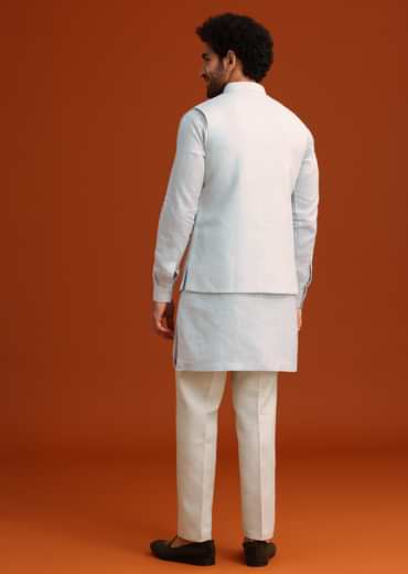 Sky Blue Linen Kurta Jacket Set With Resham Work