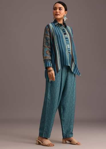 Blue Printed Shirt Salwar Set With Embroidery