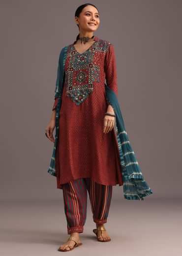 Red Ajrakh Printed Kurta Set With Leheriya Dupatta