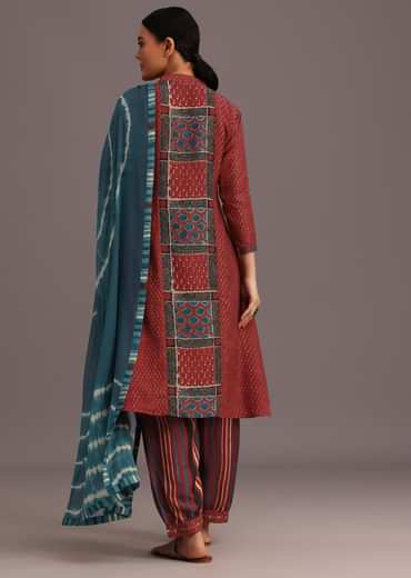 Red Ajrakh Printed Kurta Set With Leheriya Dupatta